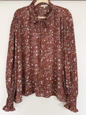 Max Studio Rust Floral Tie-Neck Blouse Size L